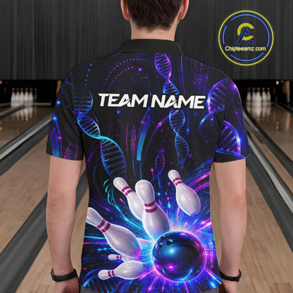Man wearing custom Neon DNA  bowling polo shirt, back view mockup with team name design.