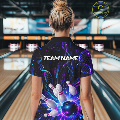 Woman wearing custom Neon DNA  bowling polo shirt, back view mockup with team name design.