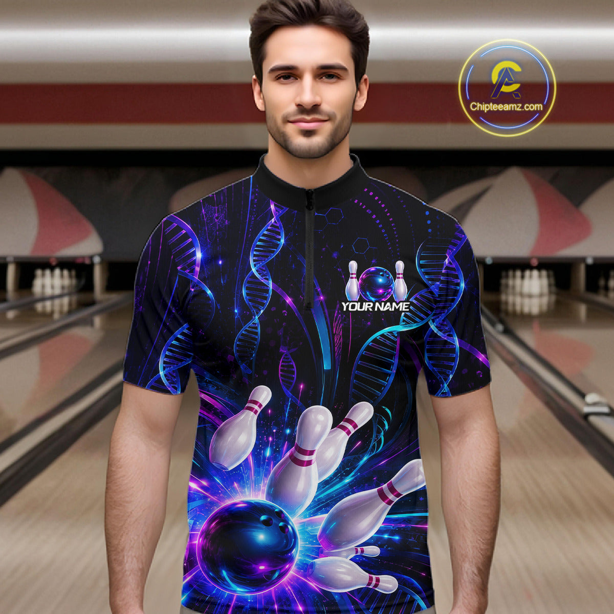 Man wearing custom Neon DNA bowling 1/4 zip shirt, front view mockup, personalized bowling league jersey.