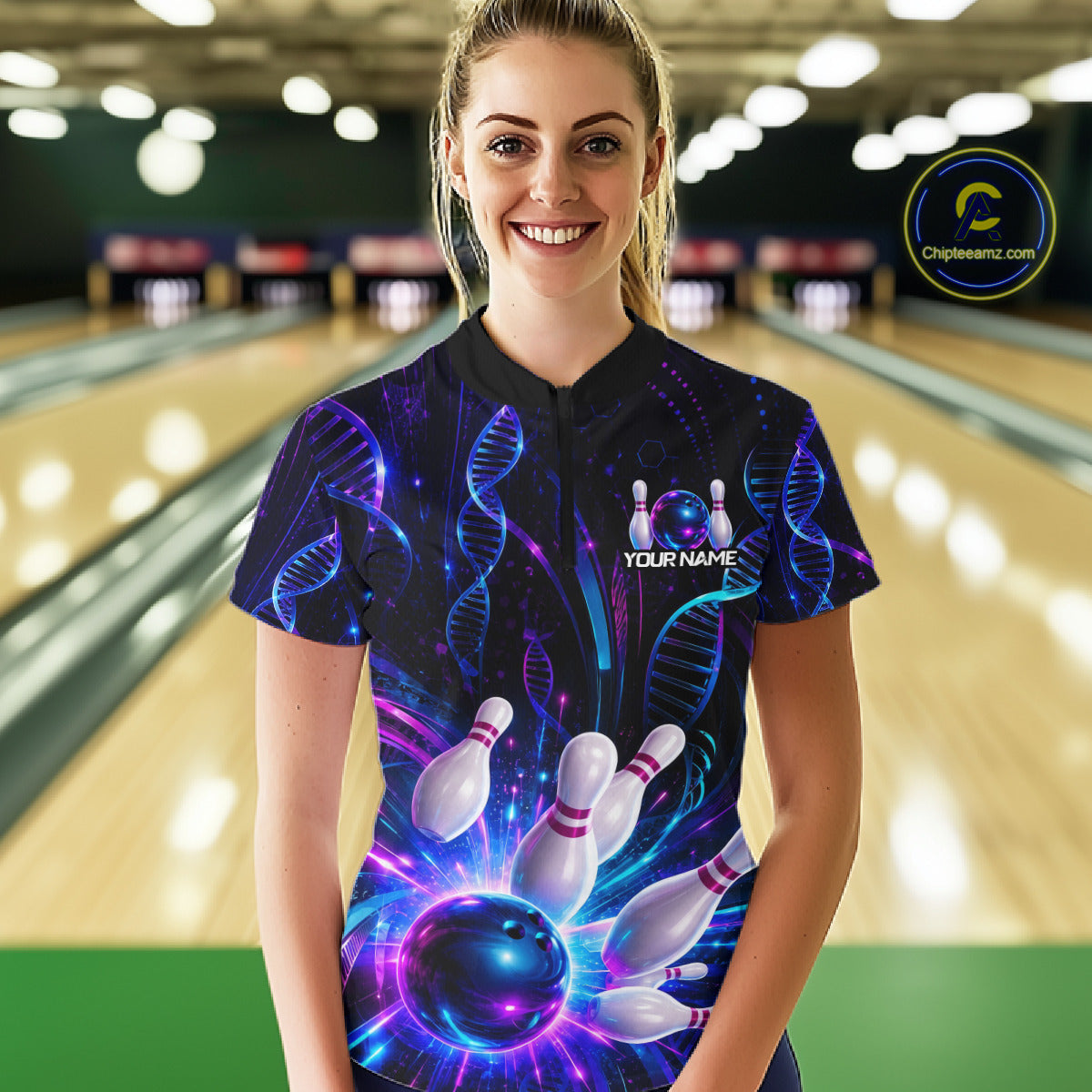 Woman wearing custom Neon DNA bowling 1/4 zip shirt, front view mockup, personalized bowling league jersey.