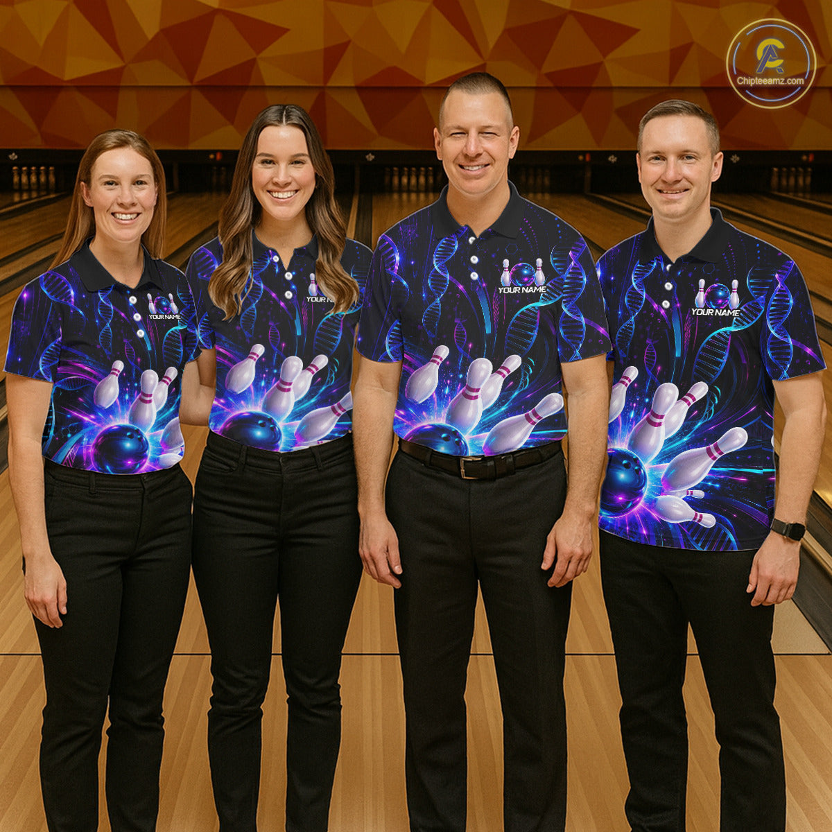 Bowling team wearing custom Neon DNA bowling shirts, group front view mockup with team name design.