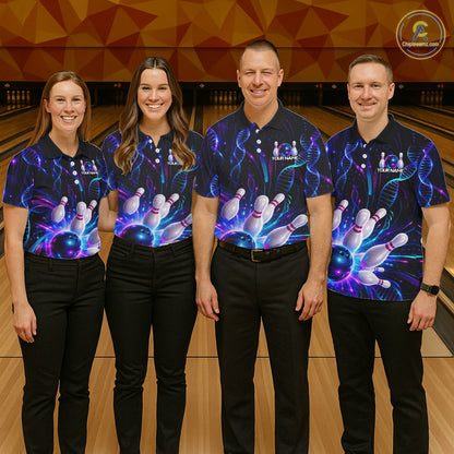 Bowling team wearing custom Neon DNA bowling shirts, group front view mockup with team name design.