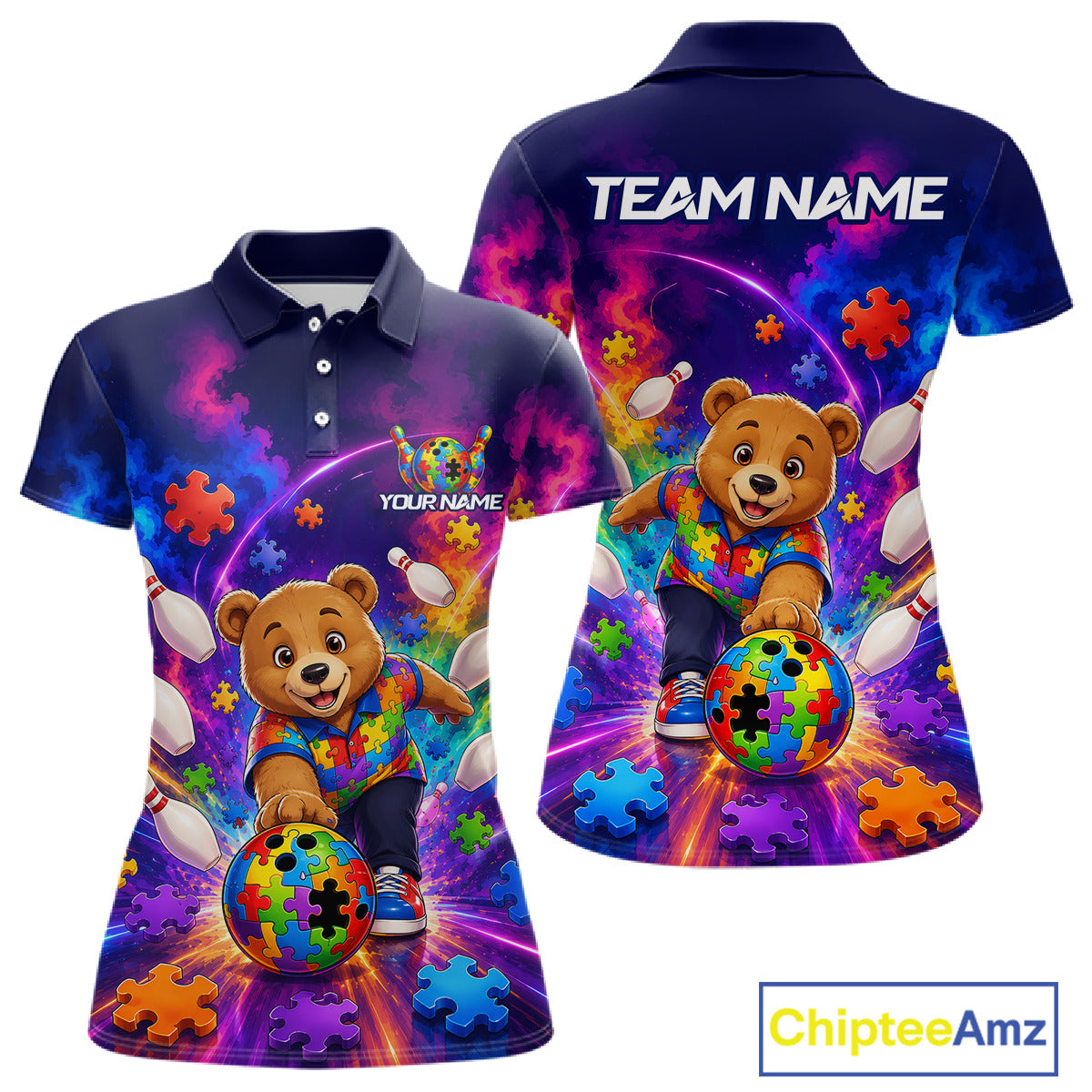 Colorful Autism Bear Bowling Shirt Custom Bowling Jersey League for Women Polo & 1/4-Zip QZT1052