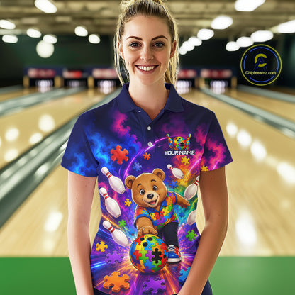 Colorful Autism Bear Bowling Shirt Custom Bowling Jersey League for Women Polo & 1/4-Zip QZT1052