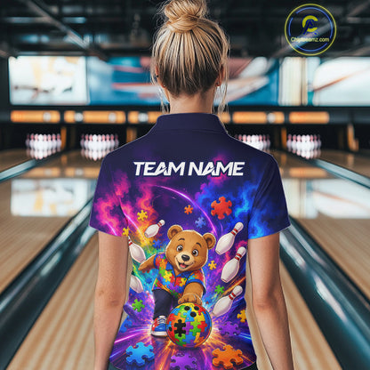 Colorful Autism Bear Bowling Shirt Custom Bowling Jersey League for Women Polo & 1/4-Zip QZT1052