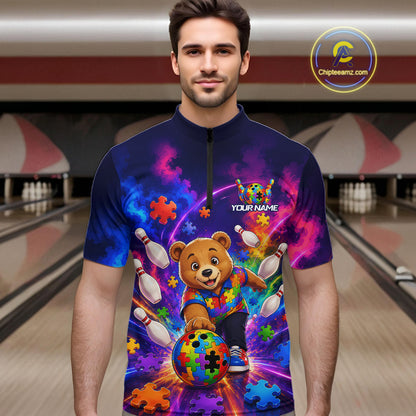 Colorful Autism Bear Bowling Shirt Custom Bowling Jersey League for Men Polo & Quarter-Zip QZT1052