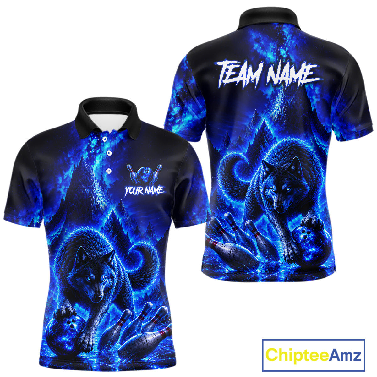 Black polo shirt with blue wolf design on front and back, customizable text areas, and Chiptee Amz branding.