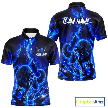 Black polo shirt with blue wolf design on front and back, customizable text areas, and Chiptee Amz branding.