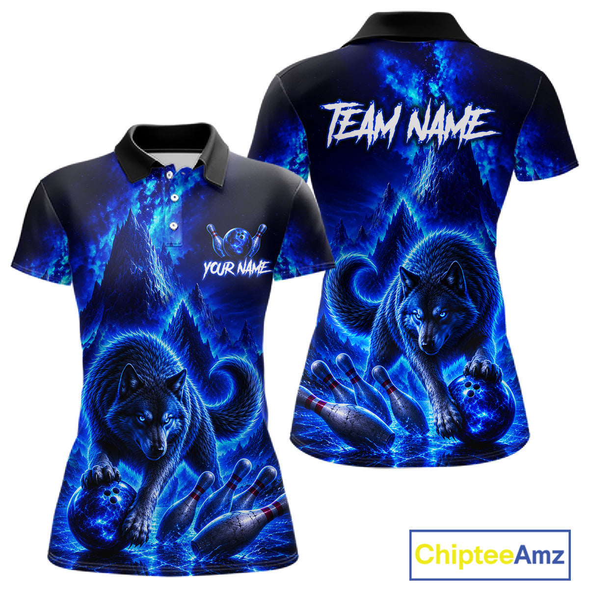 Blue wolf-themed polo shirts with customizable text on a white background