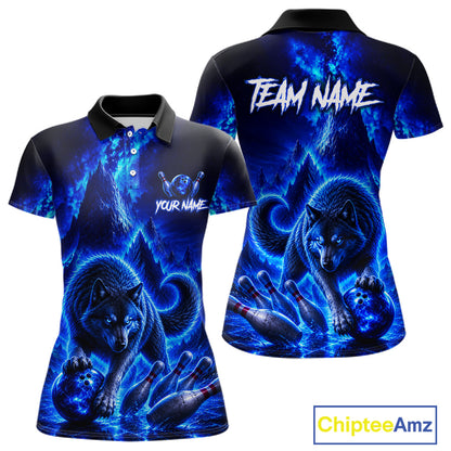 Blue wolf-themed polo shirts with customizable text on a white background