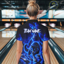 Load image into Gallery viewer, Person wearing a bowling shirt with a wolf design and 'TEAM NAME' text in a bowling alley.