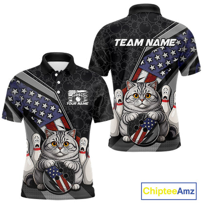 Front and back view custom black patriotic cat bowling polo shirt featuring a cute cartoon feline, American flag, bowling ball and honeycomb pattern, displaying Your Name and Team Name