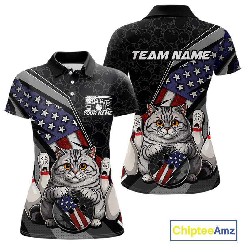 Front and back view custom black patriotic cat bowling polo shirt featuring a cute cartoon feline, American flag, bowling ball and honeycomb pattern, displaying Your Name and Team Name