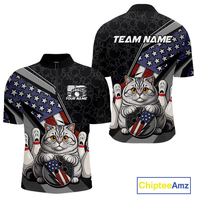Front and back view custom black patriotic cat bowling quarter-zip shirt featuring a cute cartoon feline, American flag, bowling ball and honeycomb pattern, displaying Your Name and Team Name
