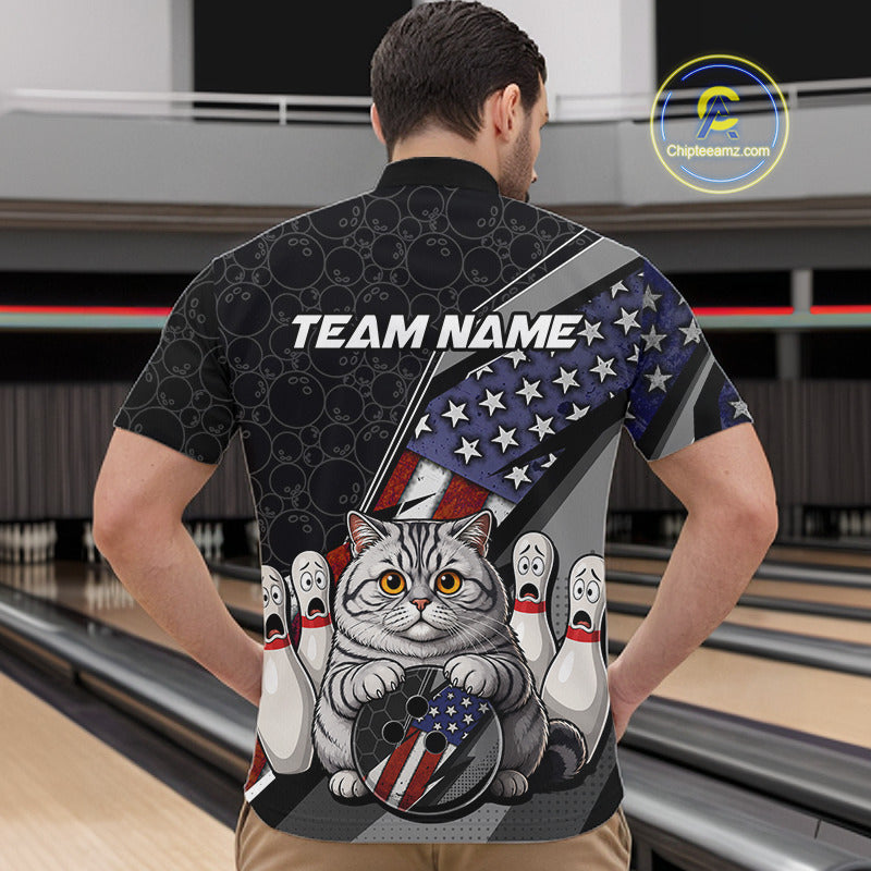 Man wearing custom black patriotic cat bowling quarter-zip shirt back view featuring an American flag, bowling ball and honeycomb pattern, displaying Team Name, at the bowling alley