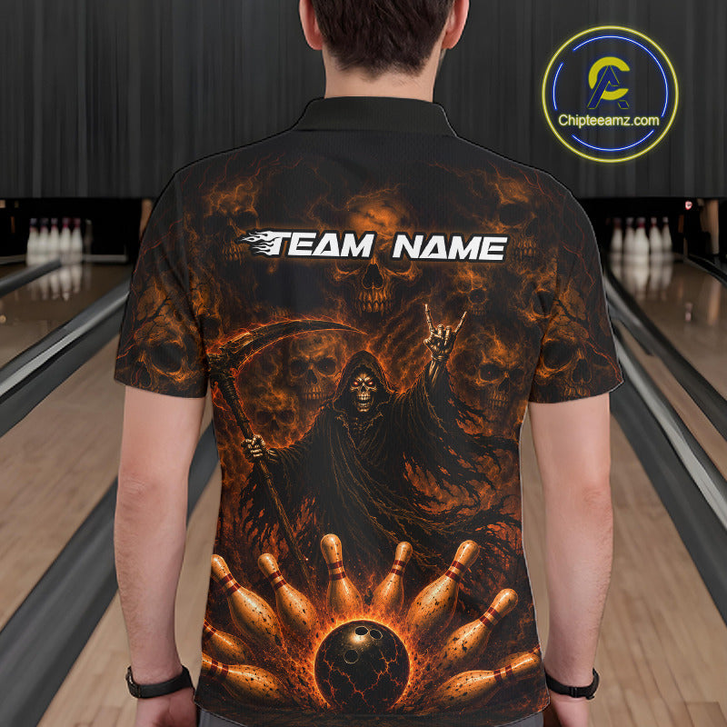 A man viewed from behind wearing a black short-sleeve polo shirt with a large fiery graphic print. The shirt features a grim reaper, skulls, bowling pins, and a bowling ball, with the text 'TEAM NAME' printed across the upper back.