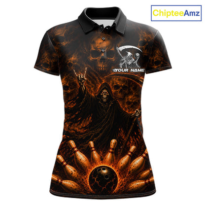 A short-sleeve polo shirt with a dark, fiery graphic print featuring skulls, a grim reaper, bowling pins, and a bowling ball. The shirt has a black collar and includes a customizable name print on the left chest.