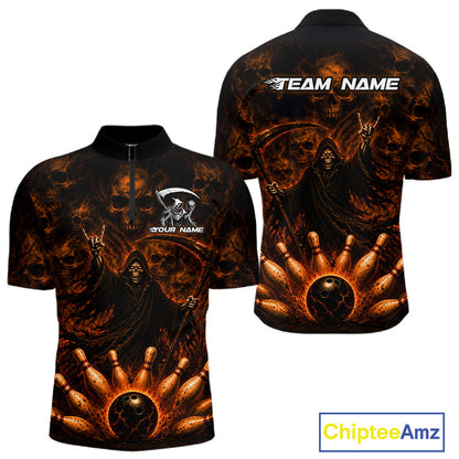 Front and back views of a black short-sleeve quarter-zip jersey with a fiery orange and brown grim reaper and bowling pin graphic, featuring customizable text placeholders on a white background.