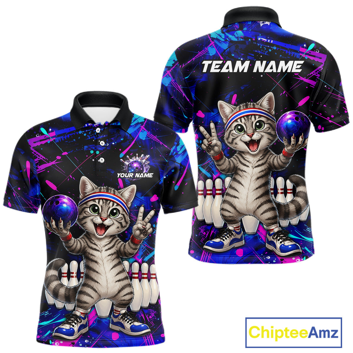 Bowling-themed shirt with a cat design and customizable text on a white background