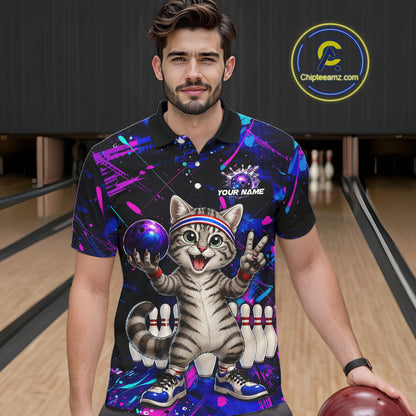 Man wearing a colorful bowling-themed polo shirt with a cat design in a bowling alley.