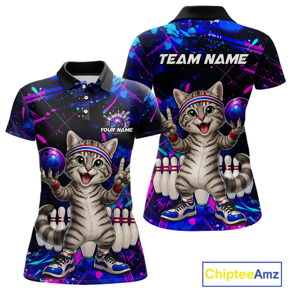 Bowling-themed shirt with cartoon cat design and customizable text on a white background