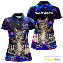 Load image into Gallery viewer, Bowling-themed shirt with cartoon cat design and customizable text on a white background