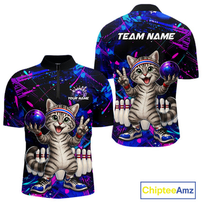 Colorful bowling shirt with a cartoon cat design and 'Team Name' text on a white background.