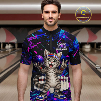 Man wearing a colorful bowling shirt with a cat design in a bowling alley.