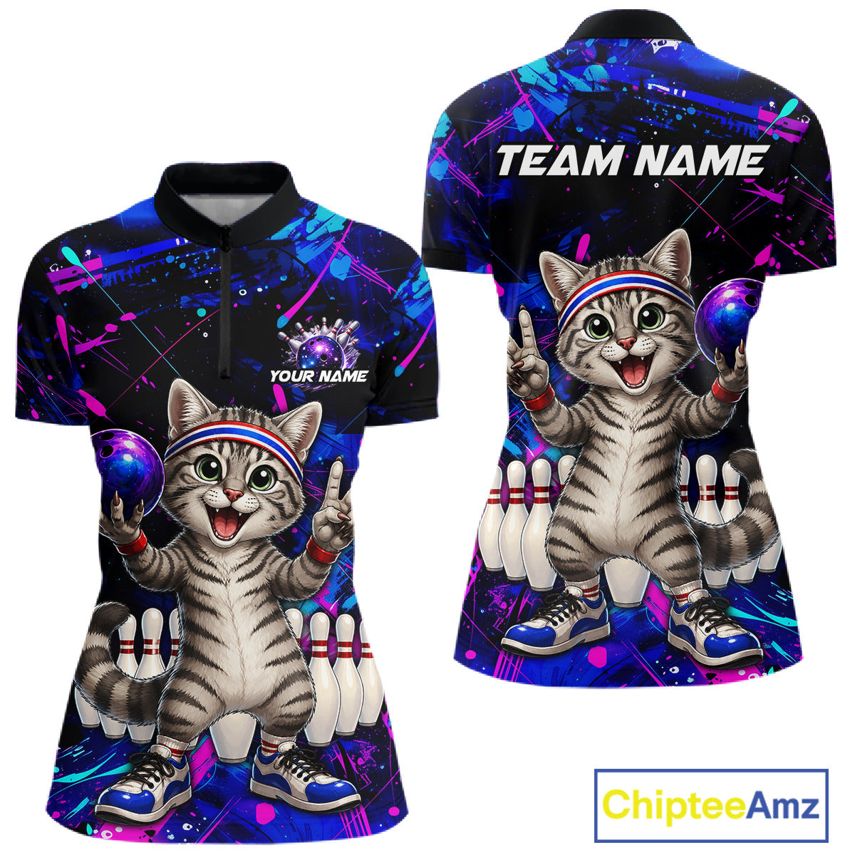 Two bowling-themed shirts with a cartoon cat design and 'Team Name' text, featuring the brand 'Chiptee Amz'.