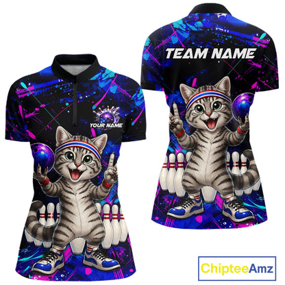 Two bowling-themed shirts with a cartoon cat design and 'Team Name' text, featuring the brand 'Chiptee Amz'.