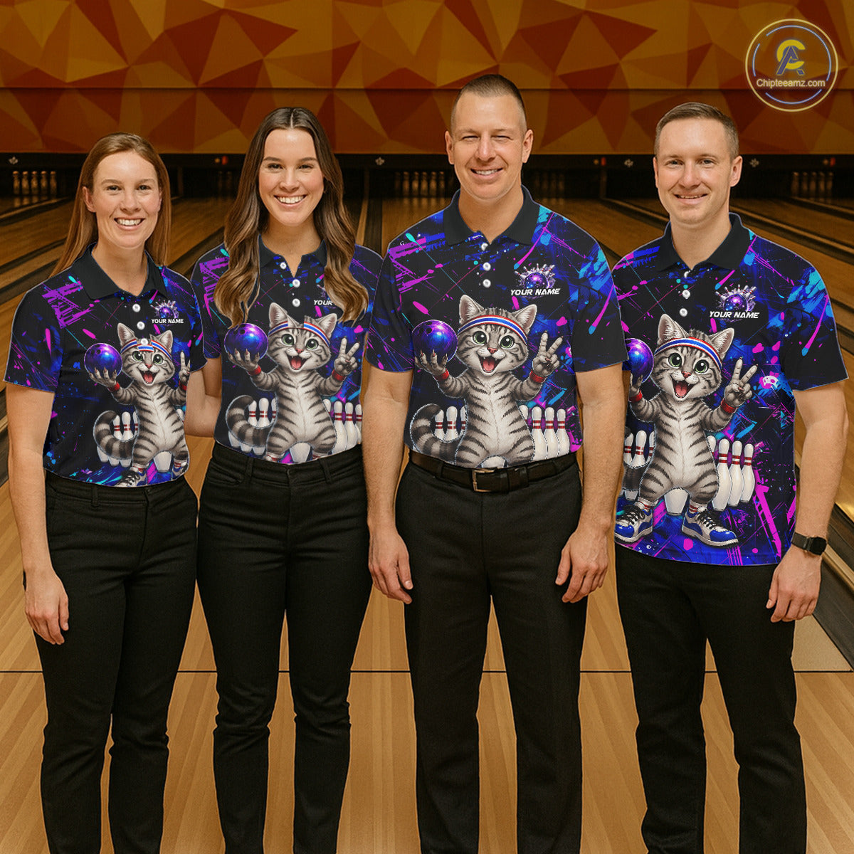 Four people wearing matching bowling shirts with a cat design on a bowling alley.