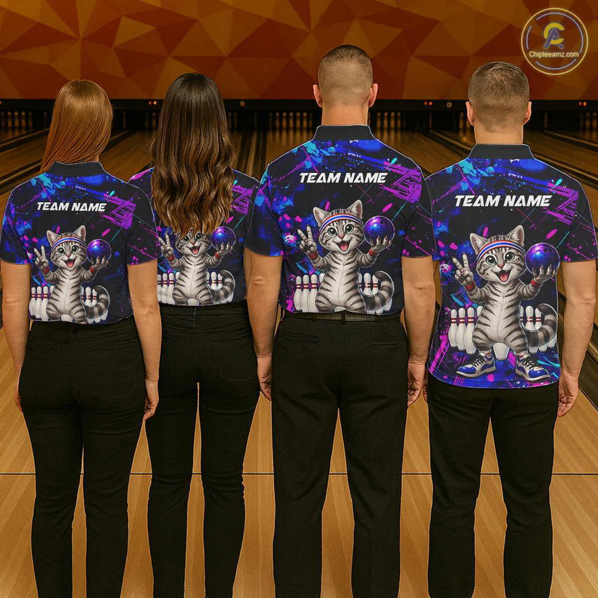 Four people wearing bowling shirts with a cat graphic and 'Team Name' text on a bowling alley.