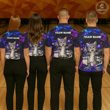 Load image into Gallery viewer, Four people wearing bowling shirts with a cat graphic and 'Team Name' text on a bowling alley.