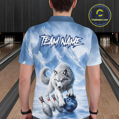 Person wearing a blue bowling shirt with a wolf design and 'TEAM NAME' text in a bowling alley.