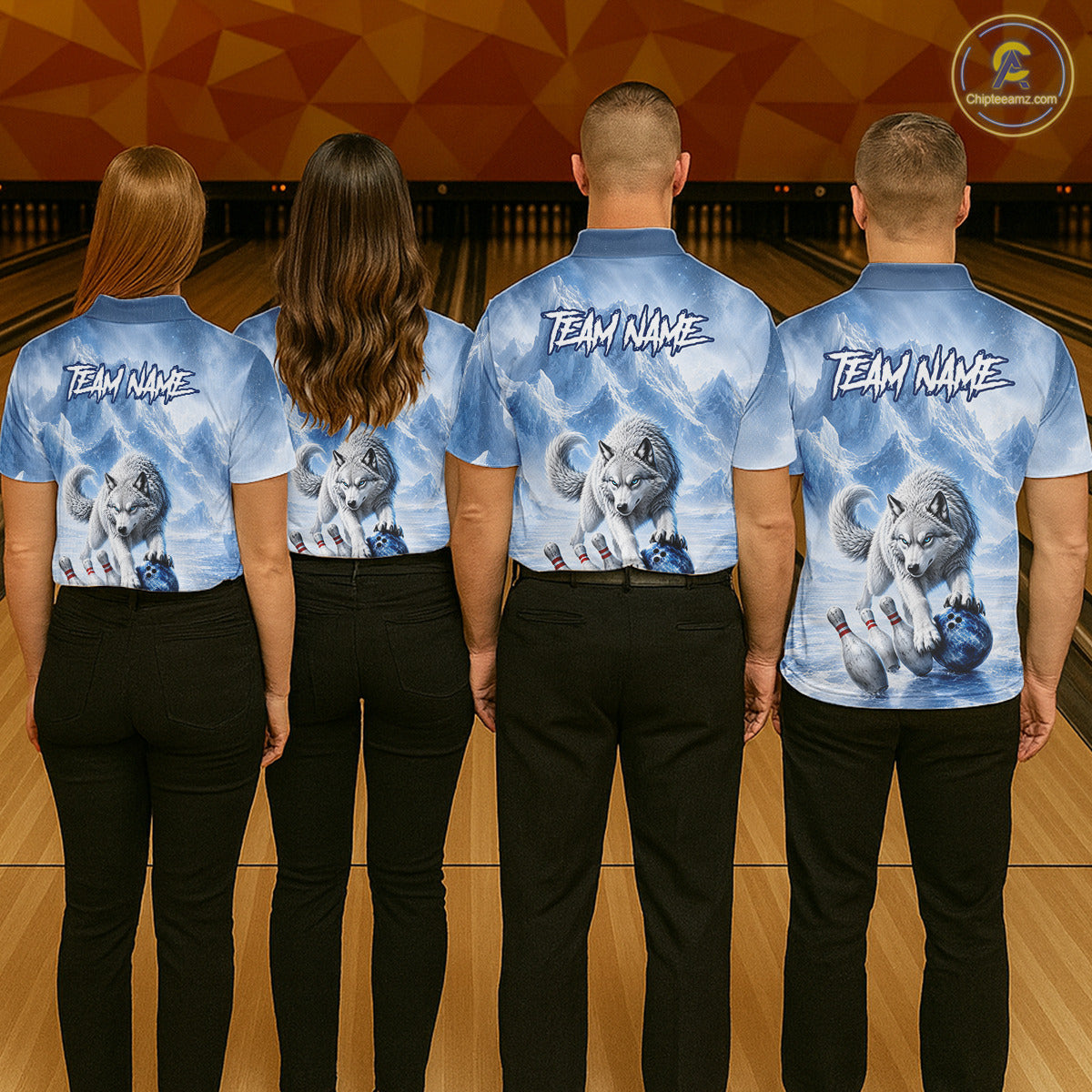Four people wearing matching blue shirts with wolf graphics and 'Team Name' text on a bowling alley background.