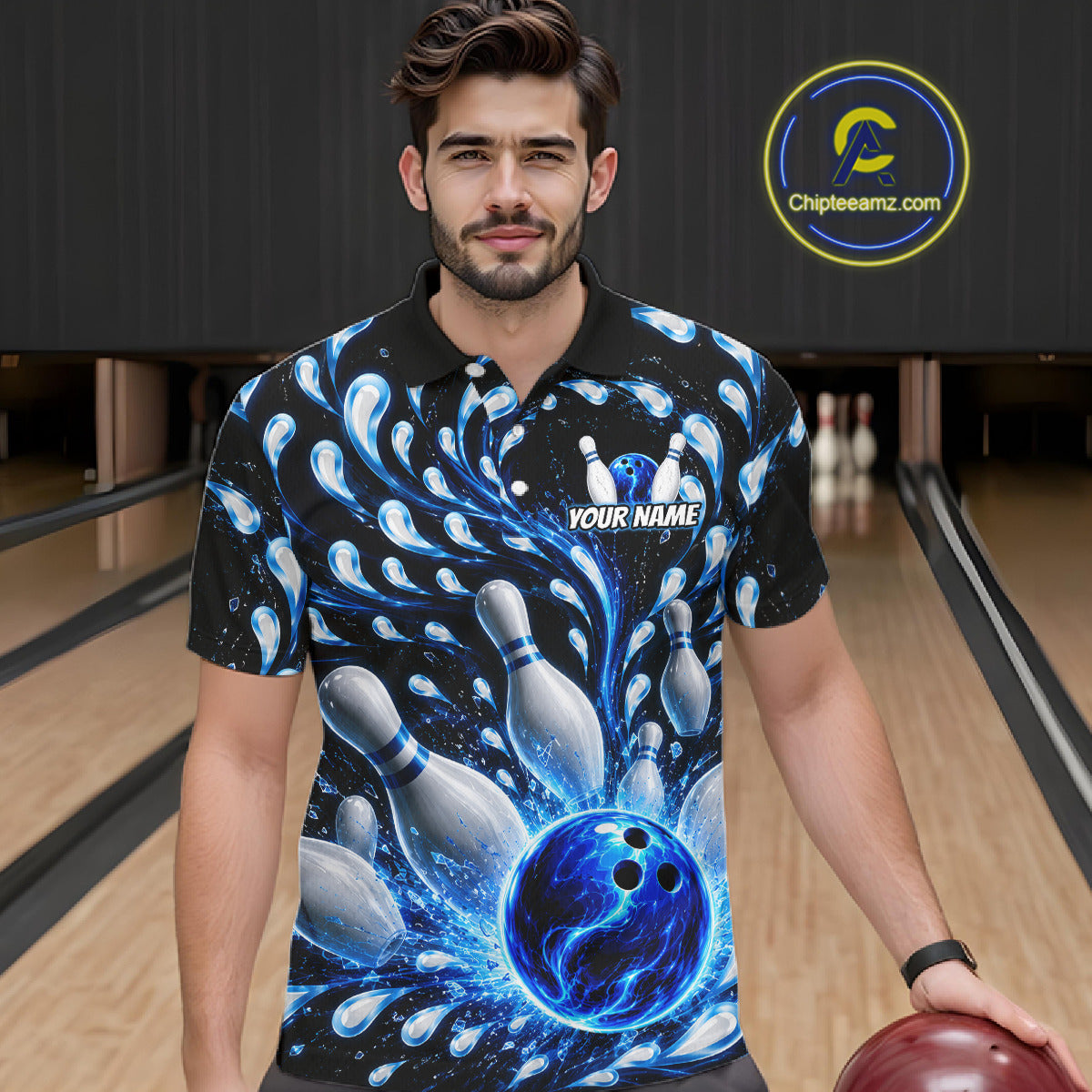 Man wearing a bowling-themed shirt with a bowling alley in the background