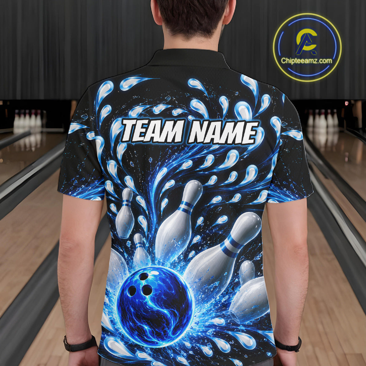 Person wearing a bowling-themed shirt with 'TEAM NAME' on a bowling alley background