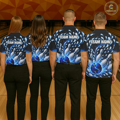 Four people wearing matching bowling shirts with 'TEAM NAME' on a bowling alley.
