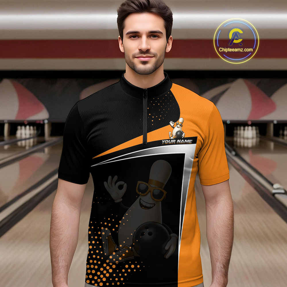 Custom Orange Funny Bowling Pin Shirt for Men Bowling Team League Jersey Bowling Outfit QZT817