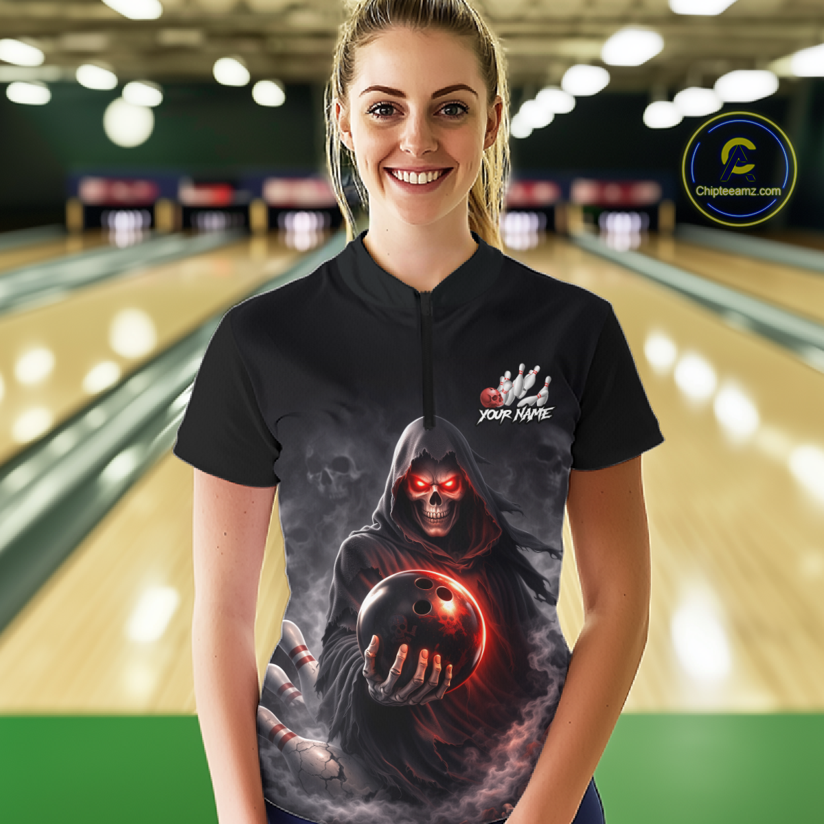 Personalized Grim Reaper Bowling Team Shirt for Women Bowling Jersey Polo & 1/4-Zip Bowling Outfit QZT881