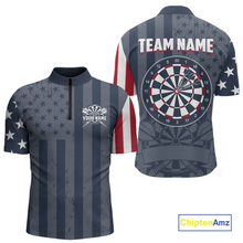 Load image into Gallery viewer, Front and back views of a custom quarter-zip darts shirt, featuring a distressed American flag pattern, large dartboard graphic, and personalized 'YOUR NAME' and 'TEAM NAME'.