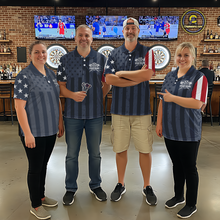 Load image into Gallery viewer, Group of darts players at a pub wearing matching vintage-style custom polo shirts with asymmetric US flag sleeves