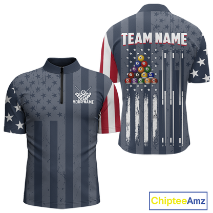 Custom American Flag Billiard Team Shirts for Men Patriotic Billiard Jersey Polo & 1/4 Zip Pool Shirt BHT24