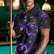 Load image into Gallery viewer, Man wearing a custom polo shirt with a purple design holding a pool cue on a billiards table.