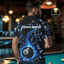 Load image into Gallery viewer, Man wearing a black shirt with a pool ball design and 'Team Name' text in a billiards hall.