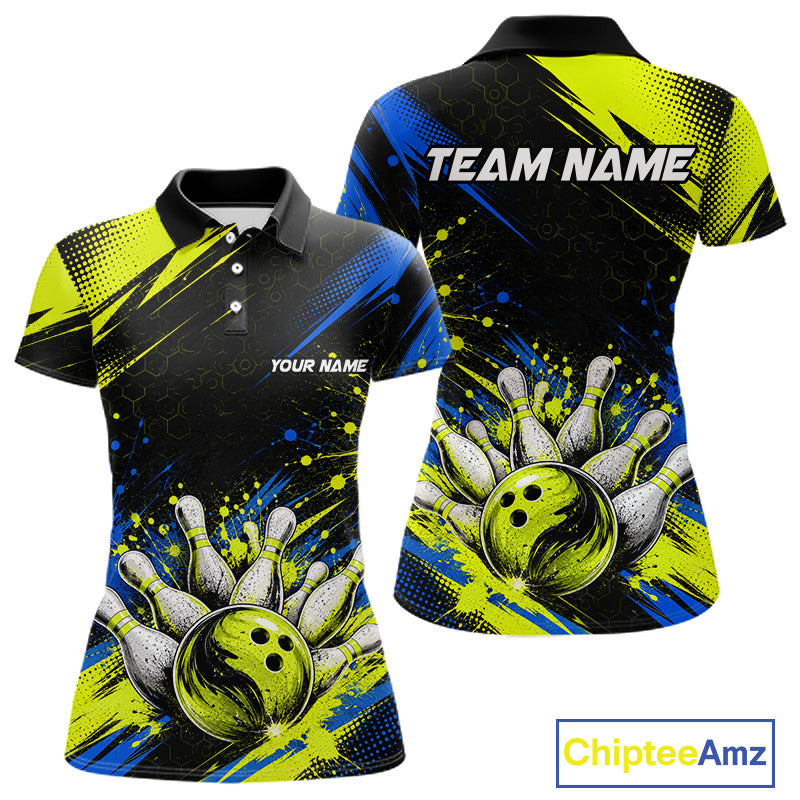 Custom bowling-themed short-sleeve polo shirt shown from the front and back. The design features a black base with vibrant neon yellow and blue paint splatter graphics, a bowling ball and pins motif, and customizable text placeholders 'TEAM NAME' and 'YOUR NAME'.