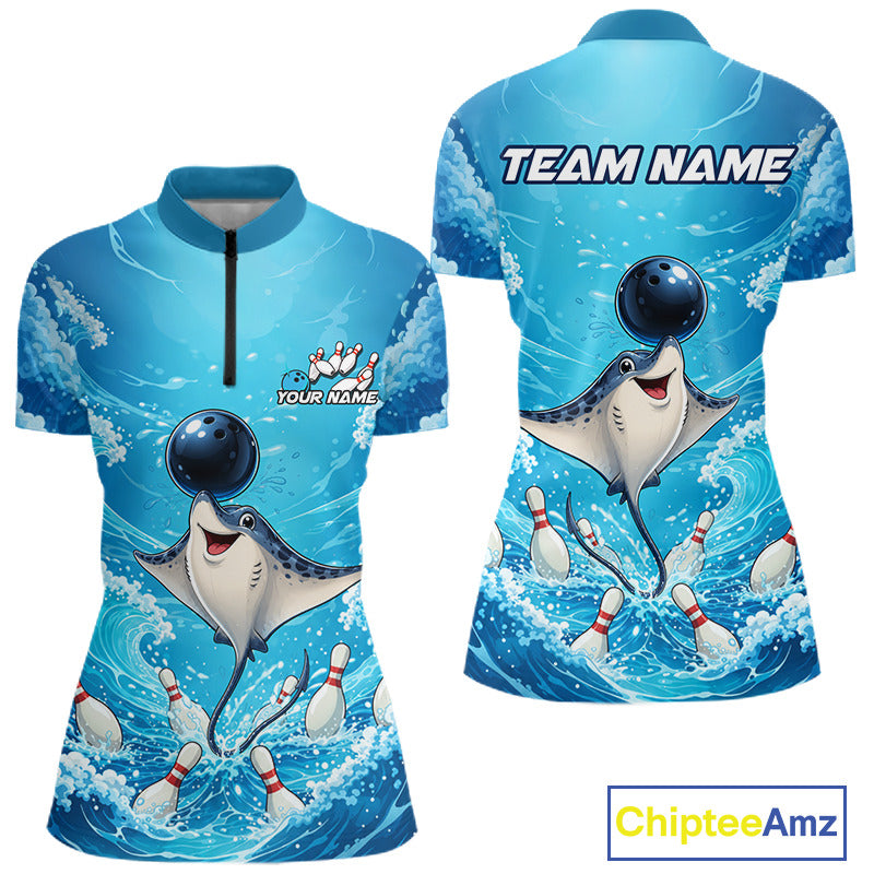 Front and back views of a short-sleeve zip-neck bowling-themed polo shirt with a blue ocean and stingray print, shown on a white background with a ChipteeAmz logo in the corner.