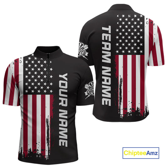 Front and back view of a custom brown dart quarter zip featuring a distressed American flag graphic with personalized team name and player name.