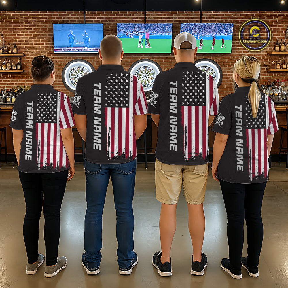 Back view of four people wearing matching custom brown dart polo shirts with personalized team names and distressed American flag graphics in a professional dart room.
