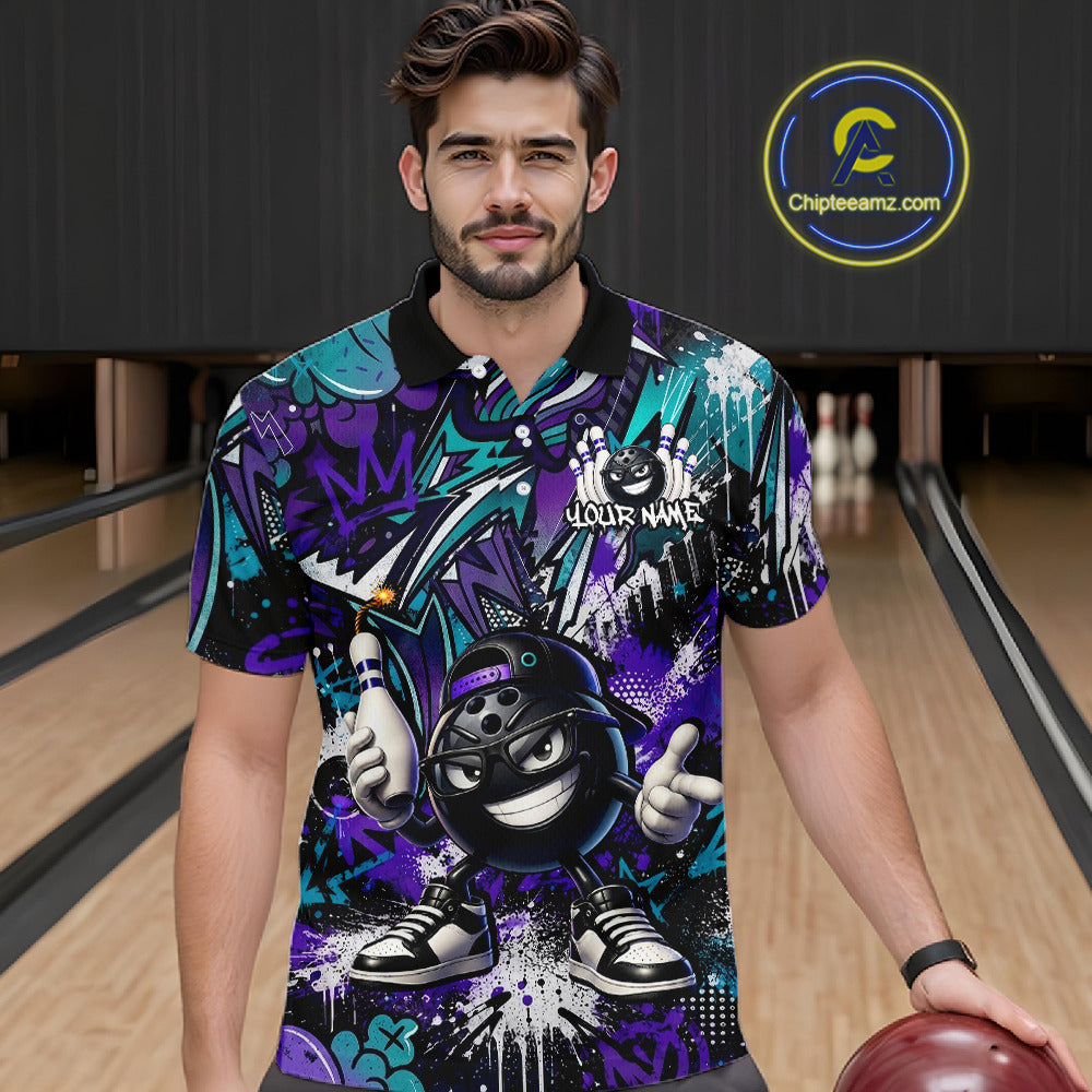 Man wearing a colorful bowling shirt with a design on a bowling alley.